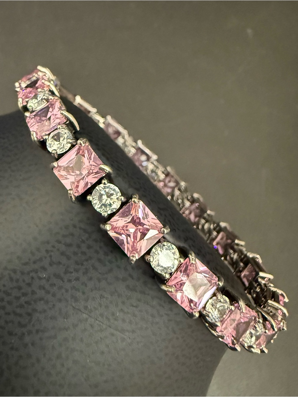 Vintage 925 Sterling Silver Princess Cut Pink CZ & Clear Round Tennis Bracelet